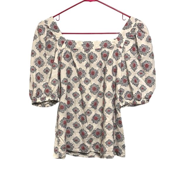 Ann Taylor Factory | Women’s White Blue Floral Oversized Short Sleeve Blouse - Picture 2 of 15